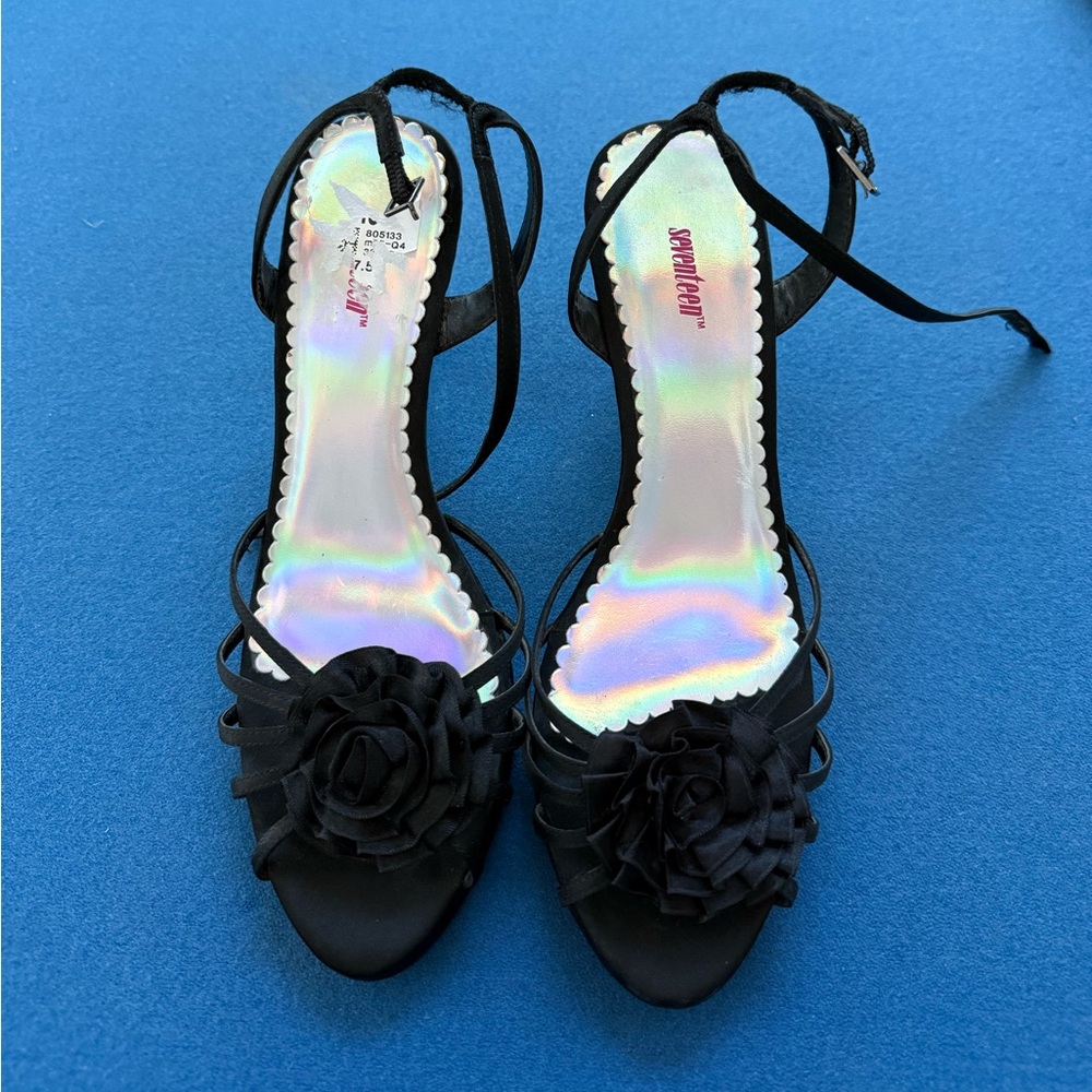 Black Strappy Heels with Rose Detail